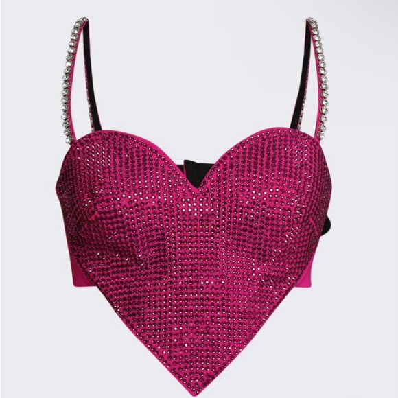 AREA Embellished Stretch Wool Heart Crop Top Fuchisia - Picture 1 of 9